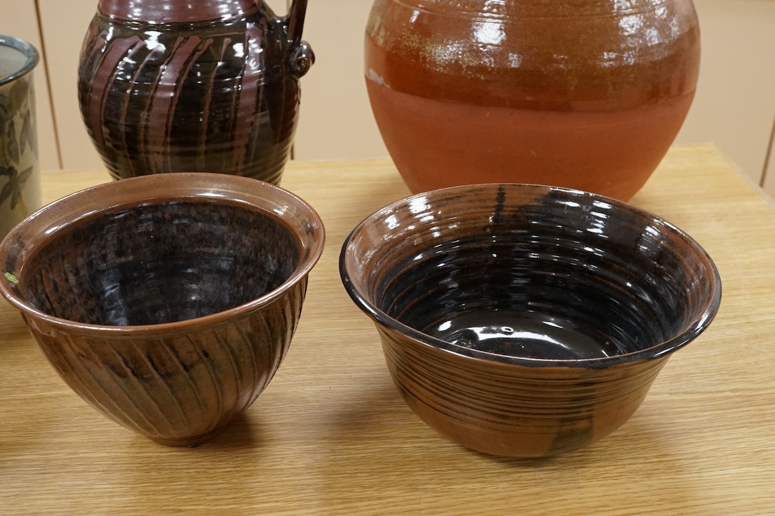 Muchelney and other studio pottery to include pots, a large vase and jug, largest 37cm high (10)